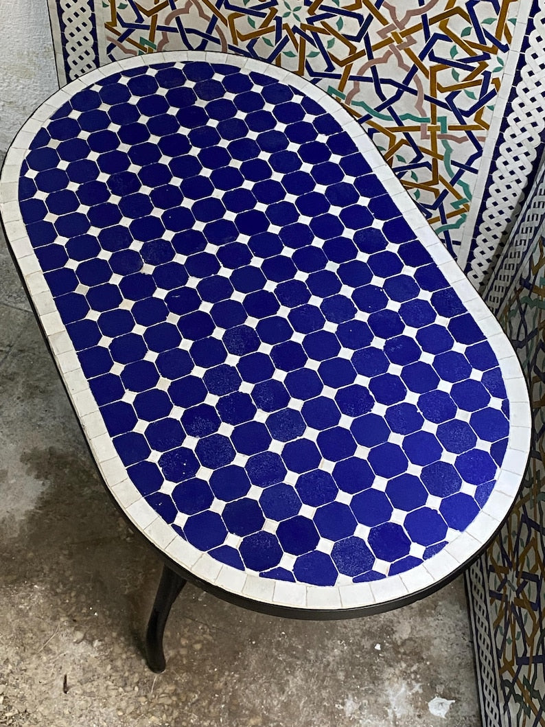 Handmade Moroccan oval Mosaic Table – Blue & White Zellige Patio Table