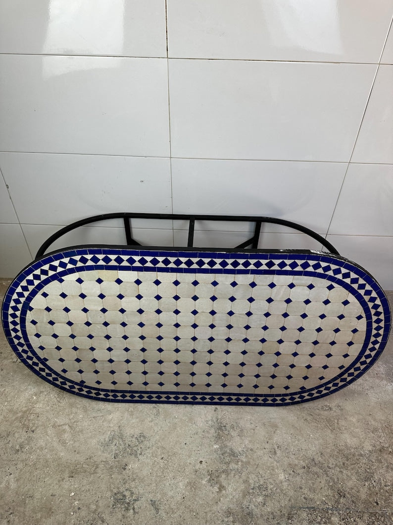 Moroccan fez pottery mosaic oval table – Blue & White Zellige Design