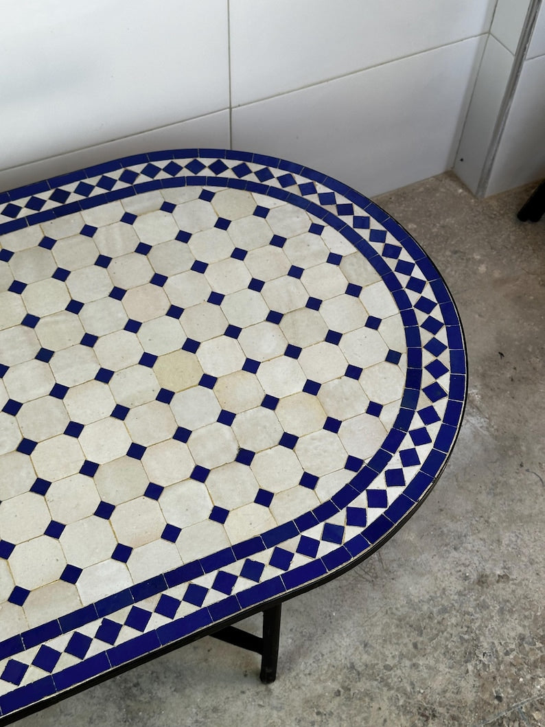 Moroccan fez pottery mosaic oval table – Blue & White Zellige Design