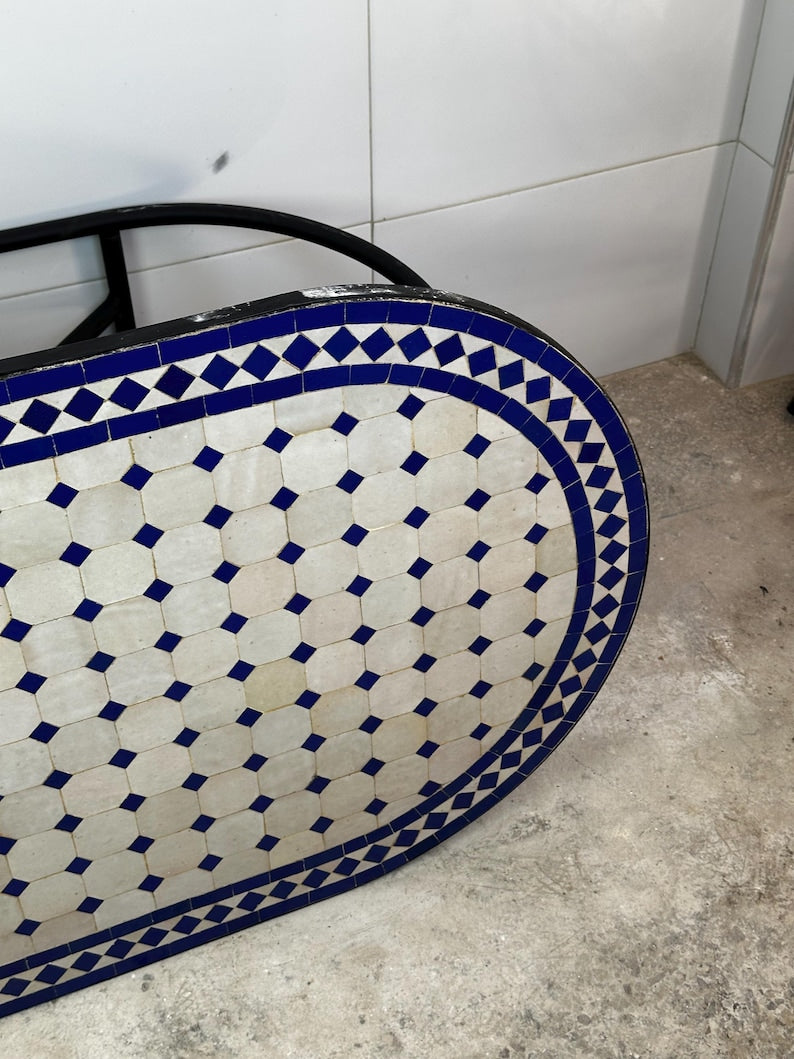 Moroccan fez pottery mosaic oval table – Blue & White Zellige Design