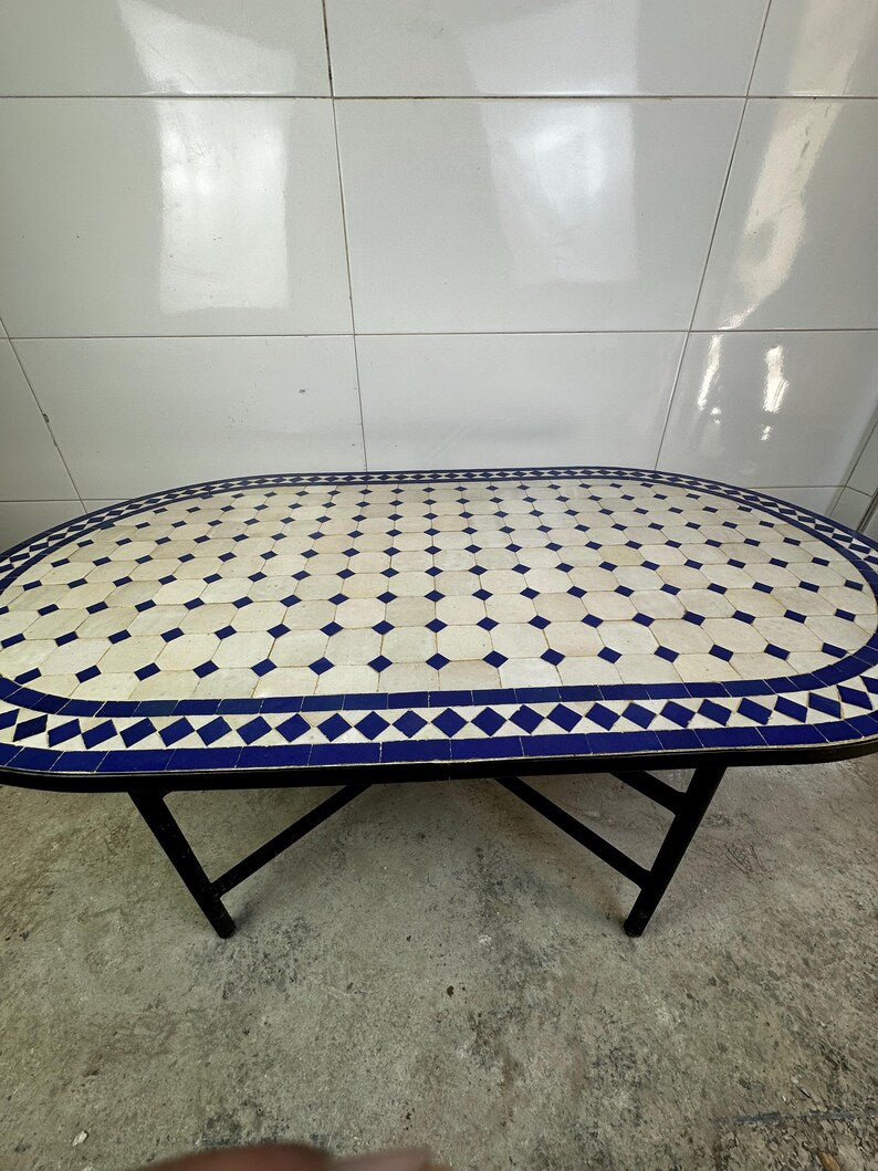 Moroccan fez pottery mosaic oval table – Blue & White Zellige Design