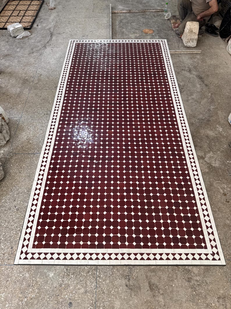 Handmade Moroccan Mosaic Dining Table – Burgundy & White Fassi Zellige