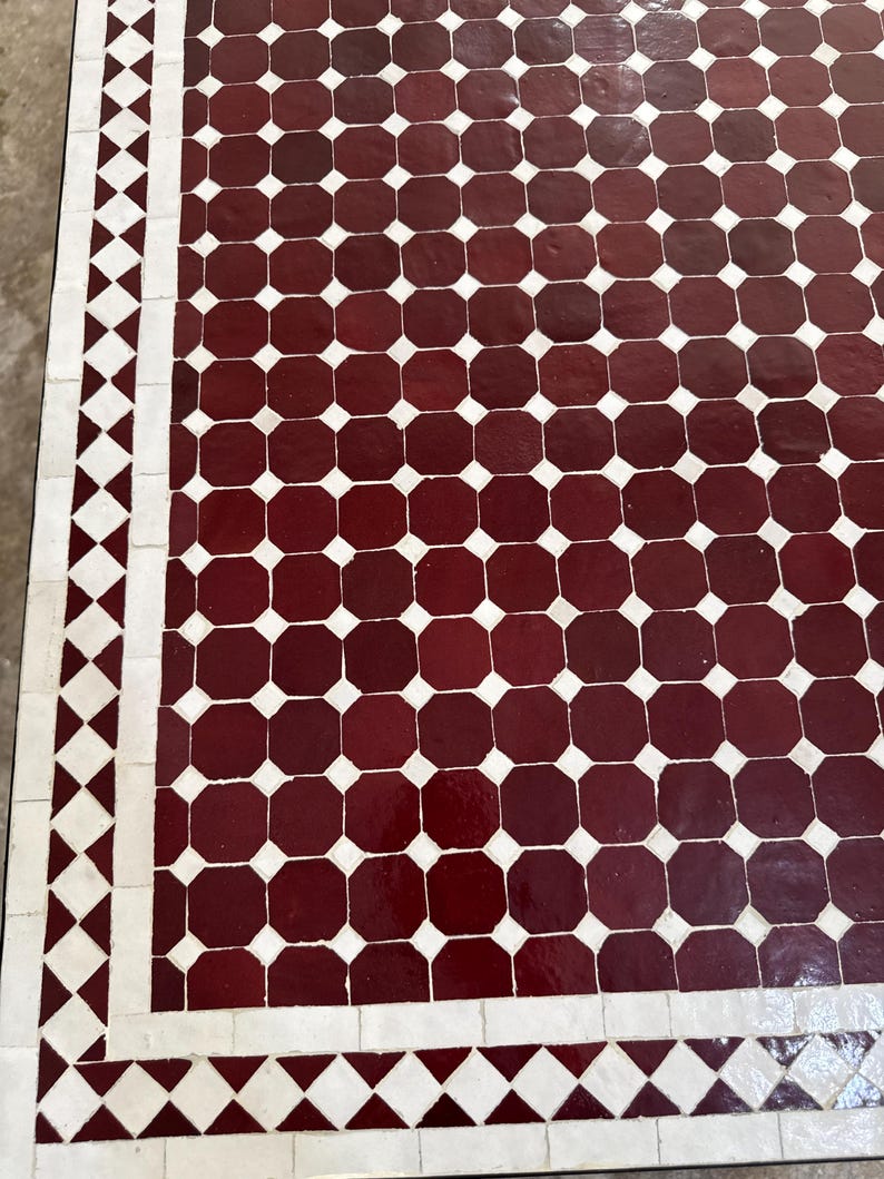 Handmade Moroccan Mosaic Dining Table – Burgundy & White Fassi Zellige
