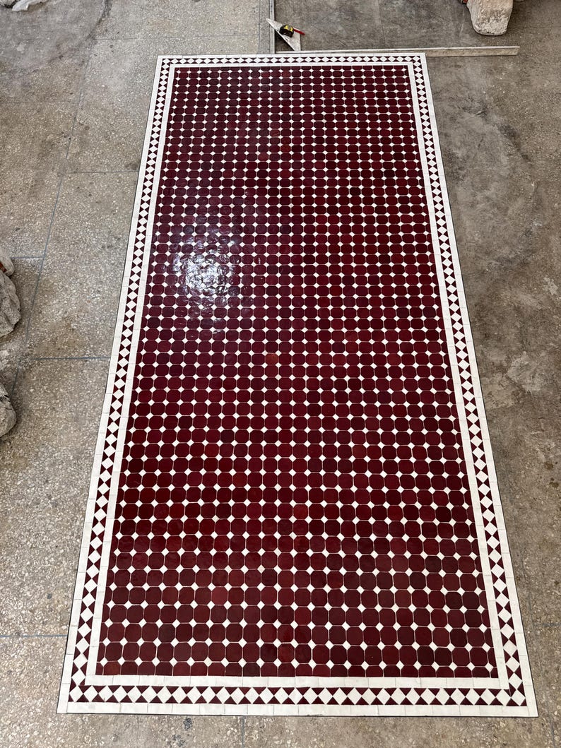 Handmade Moroccan Mosaic Dining Table – Burgundy & White Fassi Zellige