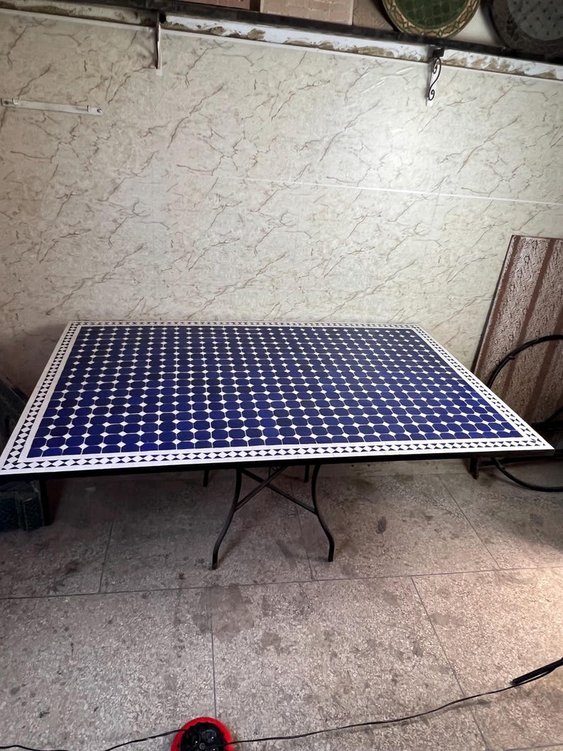 Moroccan Blue and White Zellige Mosaic Outdoor Dining Table – Handmade Fes Pottery