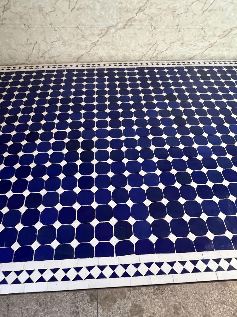 Moroccan Blue and White Zellige Mosaic Outdoor Dining Table – Handmade Fes Pottery