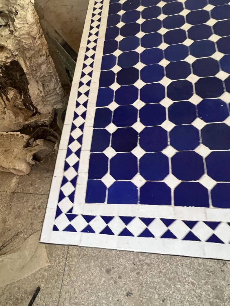Moroccan Blue and White Zellige Mosaic Outdoor Dining Table – Handmade Fes Pottery