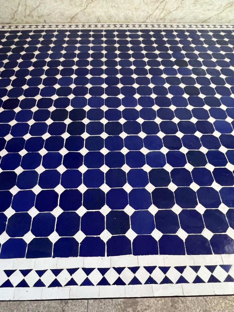 Moroccan Blue and White Zellige Mosaic Outdoor Dining Table – Handmade Fes Pottery