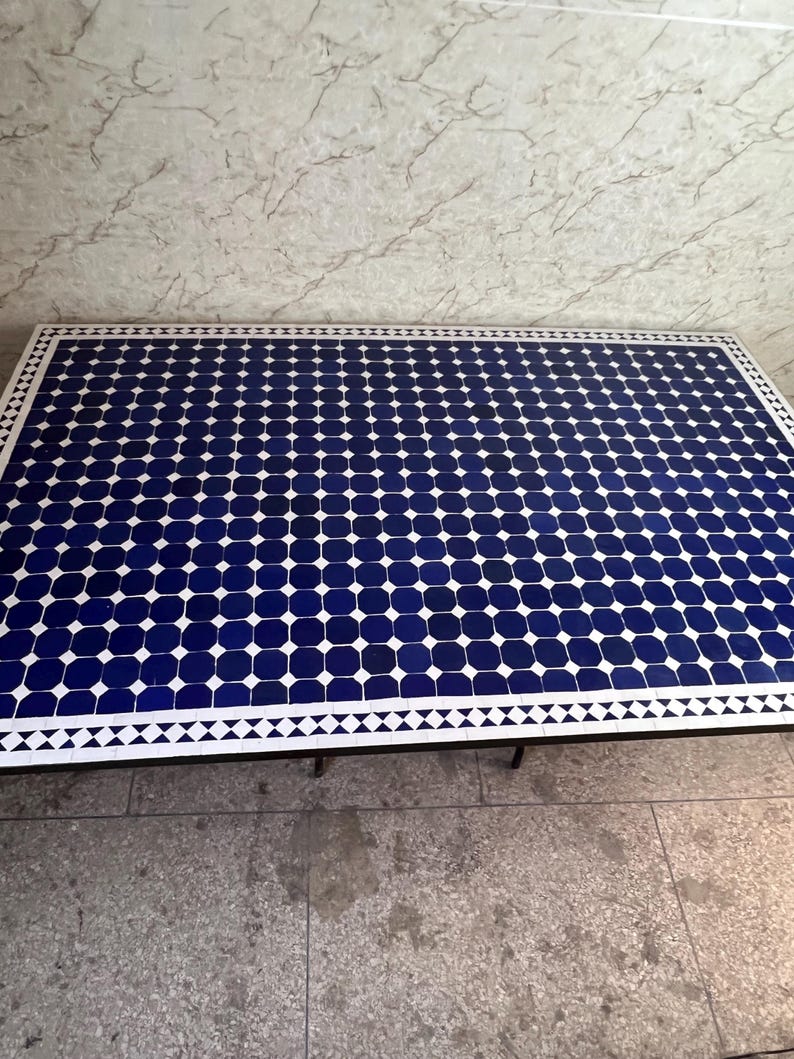 Moroccan Blue and White Zellige Mosaic Outdoor Dining Table – Handmade Fes Pottery