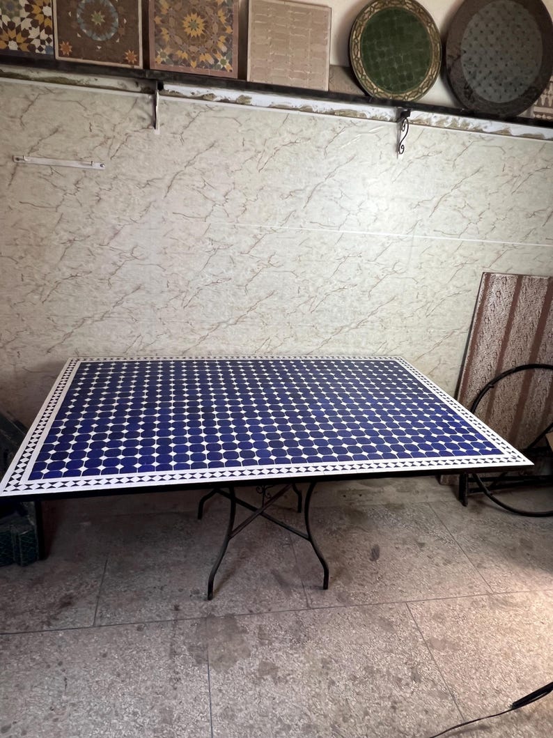 Moroccan Blue and White Zellige Mosaic Outdoor Dining Table – Handmade Fes Pottery