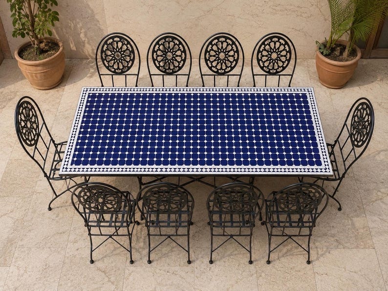 Moroccan Blue and White Zellige Mosaic Outdoor Dining Table – Handmade Fes Pottery
