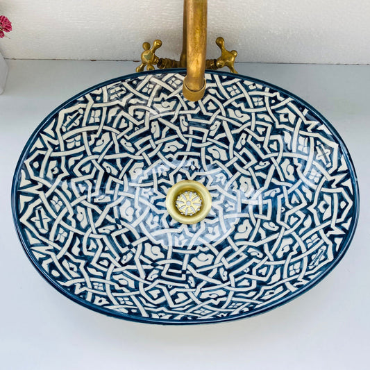Handmade Moroccan Ceramic Bathroom Sink – Blue & White Geometric Vessel Basin