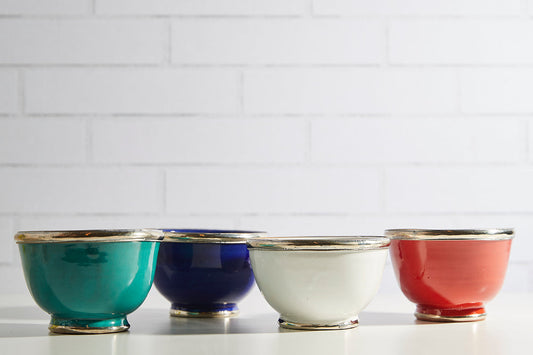 Handmade Moroccan Ceramic Snack Bowls with Silver Rim – Colorful Fez Pottery Serving Bowls