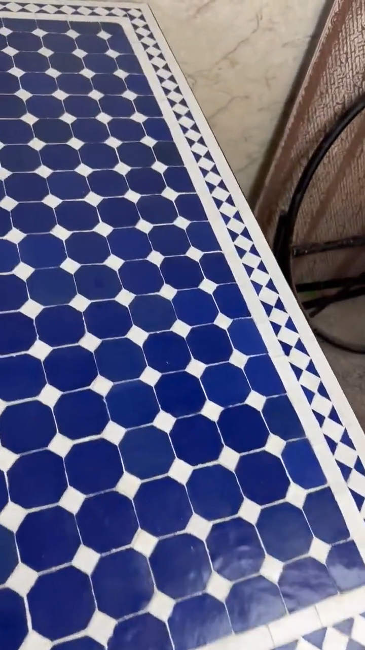 Moroccan Blue and White Zellige Mosaic Outdoor Dining Table – Handmade Fes Pottery
