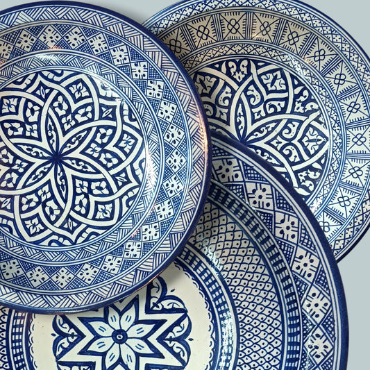 Moroccan Handmade Pottery Plates – Blue Cobalt Geometric Design