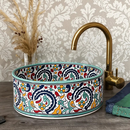 Handcrafted Moroccan Fassi Clay Sink – Fassi Rose Pattern – 4 Sizes – Includes Brass Drain Cover & Free Soap Dish Gift