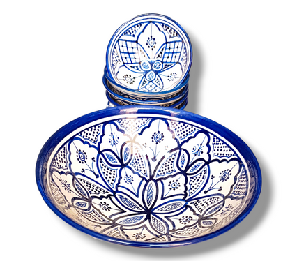 Hand-Painted Moroccan Fassi Ceramic Bowl Set – 6 Small + 1 Large – Traditional Fez Pottery
