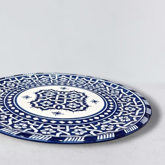 Handmade Moroccan Fes Pottery Plate – Blue & White Ceramic Serving Plate