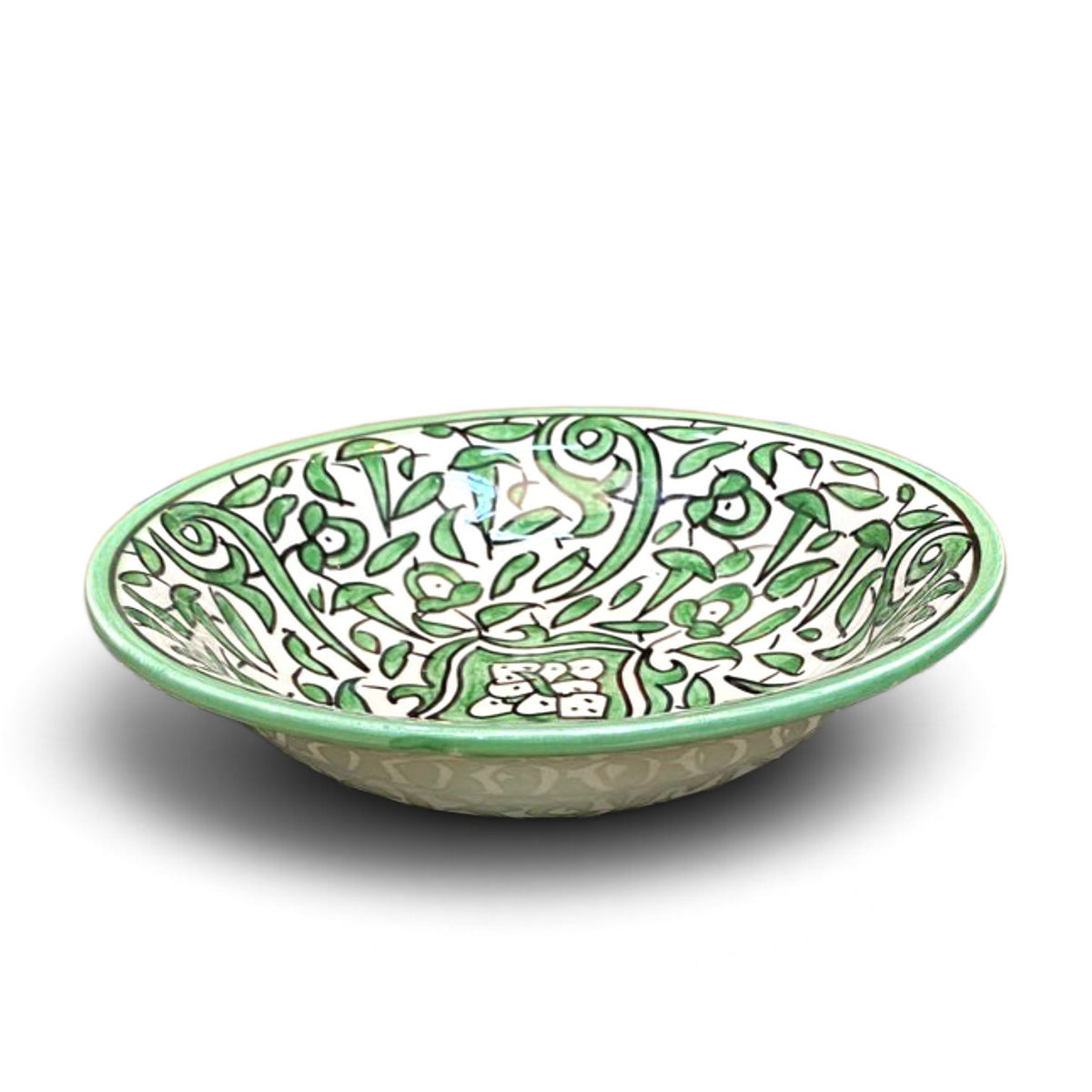 Green Hand-Painted Moroccan Fes Pottery Plates & Bowl – Floral Ceramic Dinnerware