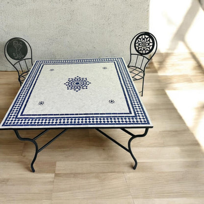 Moroccan Blue and White Zellige Mosaic Table – Handmade Fes Pottery