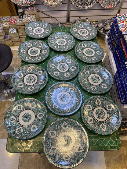 Green hand painted Moroccan fez pottery plates dishwasher and microwave safe