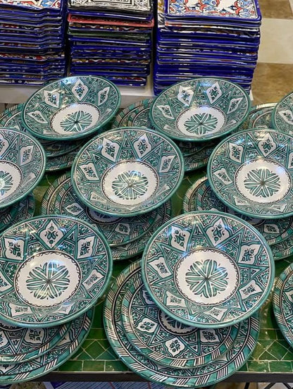 Green hand painted Moroccan fez pottery plates dishwasher and microwave safe