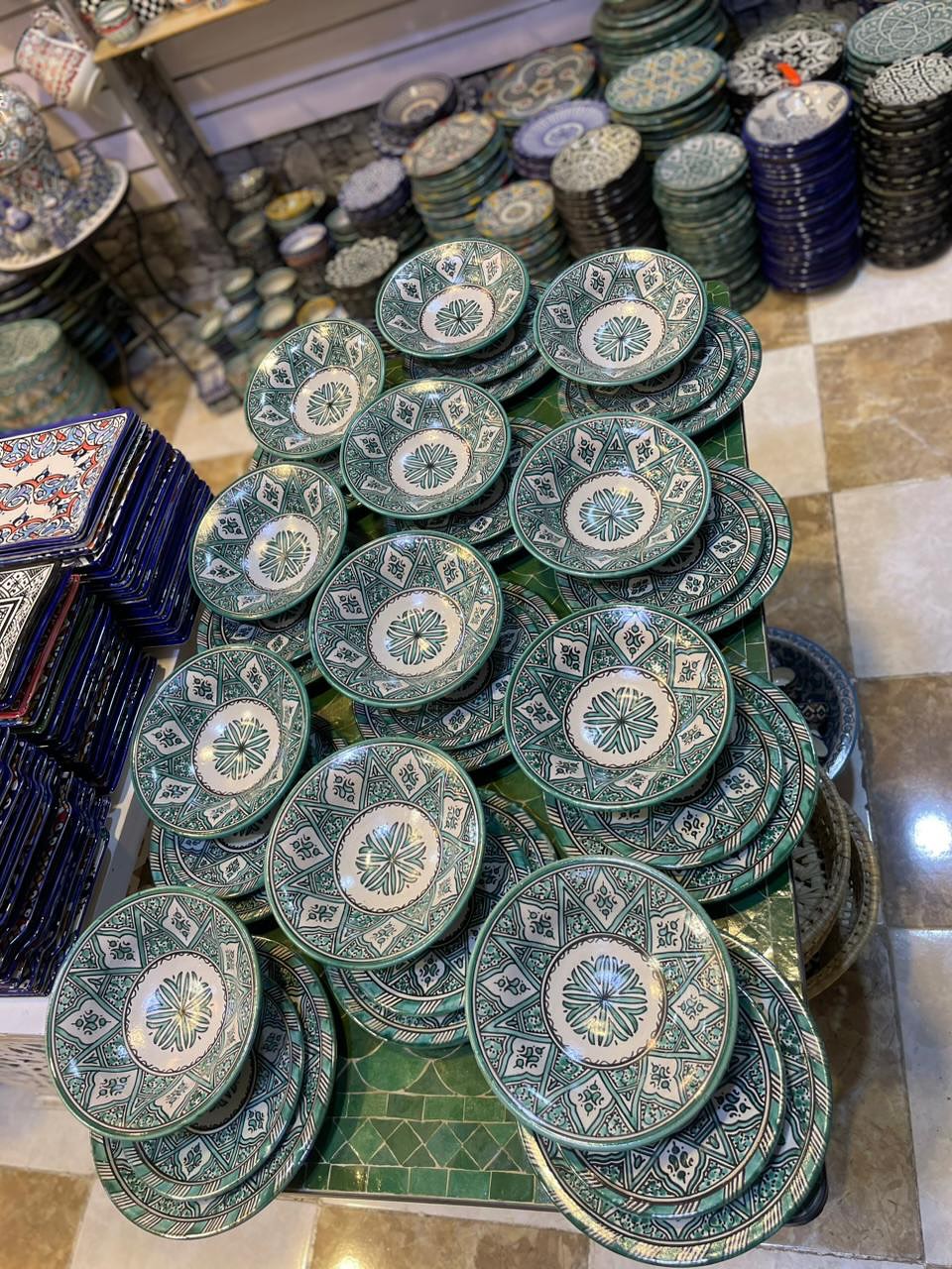 Green hand painted Moroccan fez pottery plates dishwasher and microwave safe