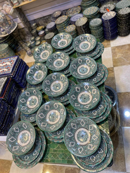 Green hand painted Moroccan fez pottery plates dishwasher and microwave safe