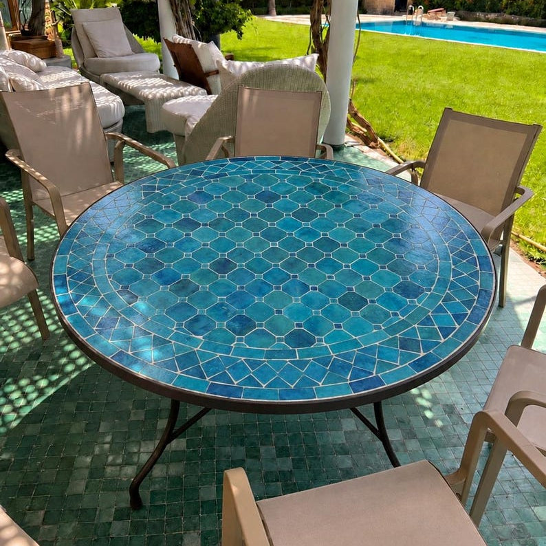 Moroccan Blue Mosaic Table – Handmade Zellige Table