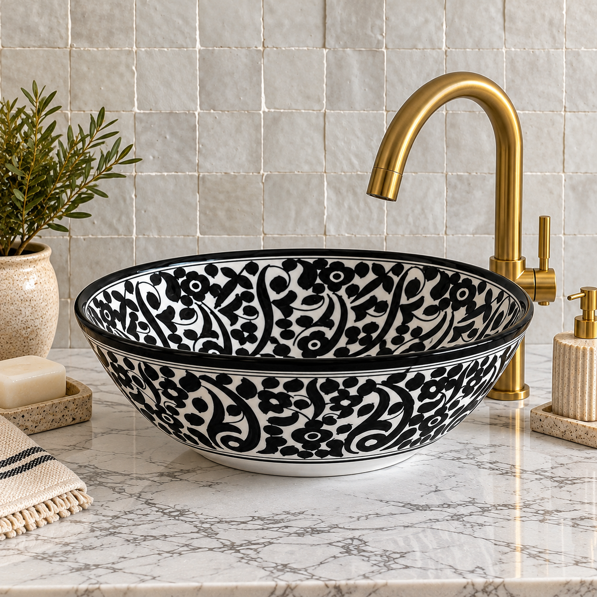 Hand-Painted Moroccan Ceramic Sink – Black & White Floral Vessel Basin