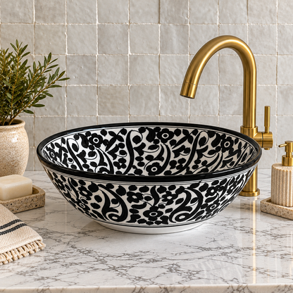 Hand-Painted Moroccan Ceramic Sink – Black & White Floral Vessel Basin