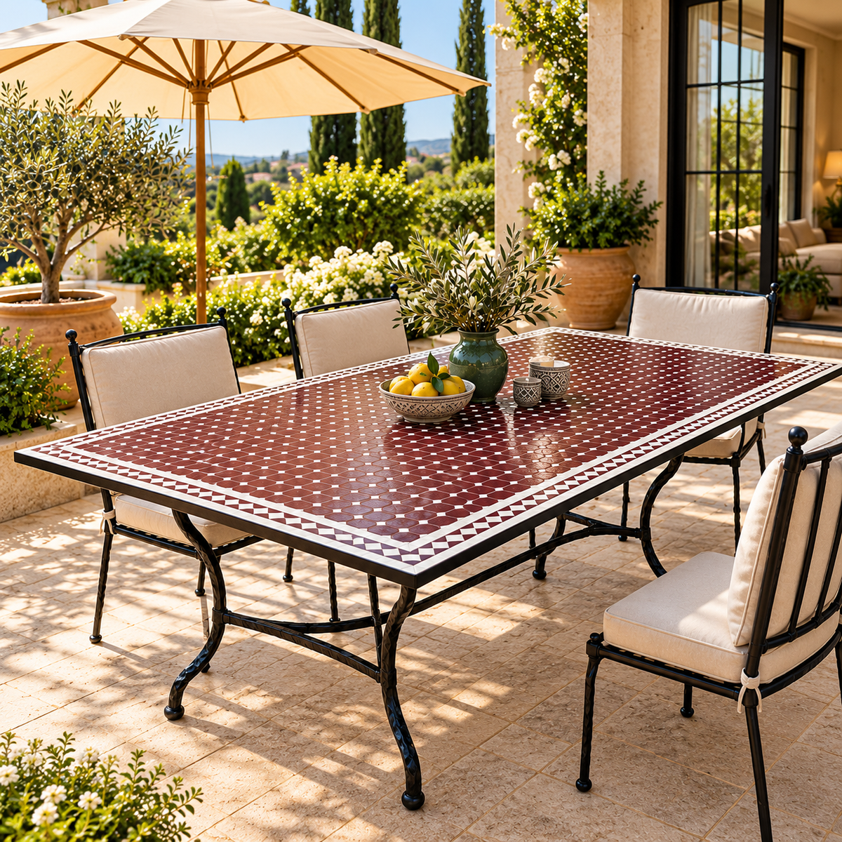 Handmade Moroccan Mosaic Dining Table – Burgundy & White Fassi Zellige