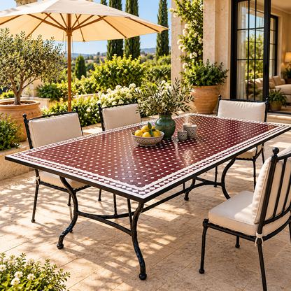 Handmade Moroccan Mosaic Dining Table – Burgundy & White Fassi Zellige