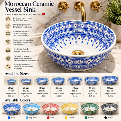 Handmade Moroccan Ceramic Vessel Sink – Traditional Fes Pottery Bathroom Vanity Sink