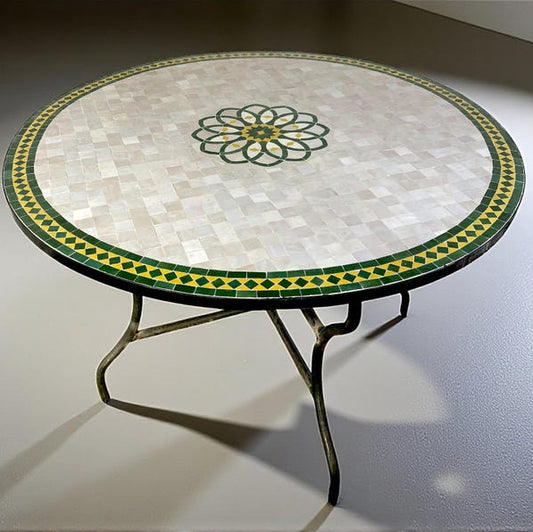 mosaic table from Moroccan fez pottery green and white design