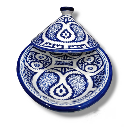 Moroccan Blue & White Ceramic Tagine – Handmade Fez Pottery Serving Dish | 32 cm