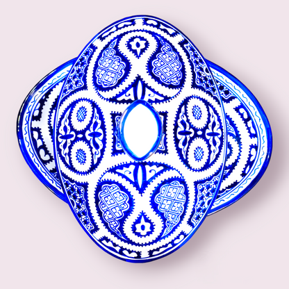 Moroccan Blue & White Ceramic Tagine – Handmade Fez Pottery Serving Dish | 32 cm