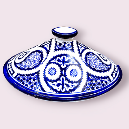 Moroccan Blue & White Ceramic Tagine – Handmade Fez Pottery Serving Dish | 32 cm