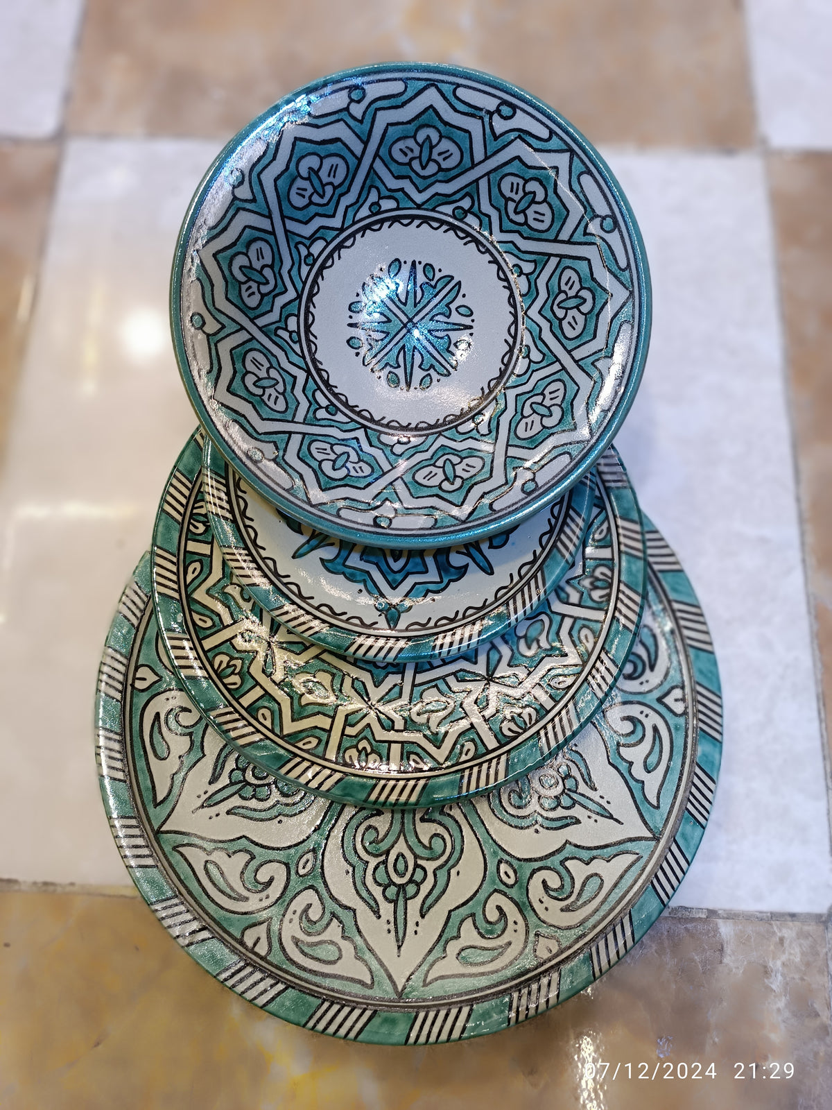 Green hand painted Moroccan fez pottery plates dishwasher and microwave safe