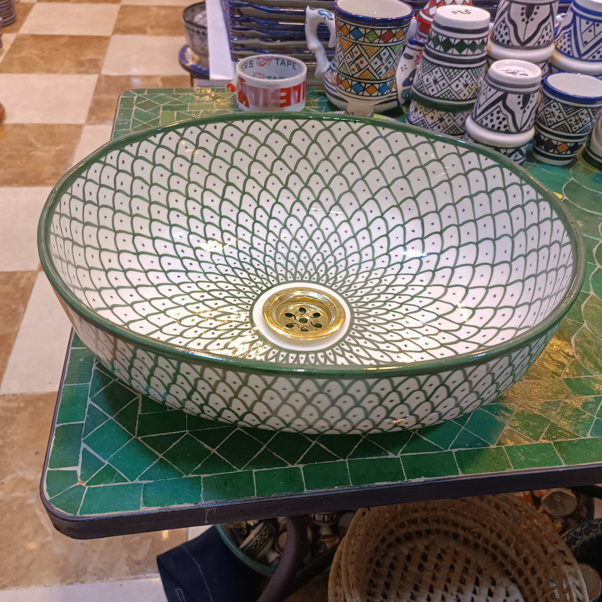 Moroccan Ceramic Vessel Sink – Green & Black & Gray Fish Scale Design