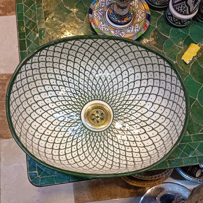 Moroccan Ceramic Vessel Sink – Green & Black & Gray Fish Scale Design