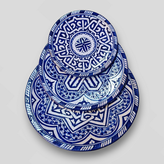 Fez Artisan Pottery Set –  Blue-Decorated Plates & Bowl in Grey Clay