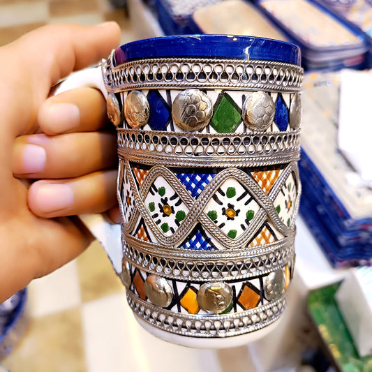 Handmade Moroccan Mug – Cobalt Blue Fez Design with Silver & Nickel Inlay