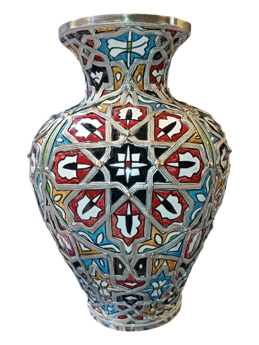 Handcrafted White Clay Vase Inlaid with Nickel & Silver – Traditional Moroccan Elegance