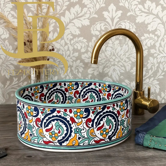 Handcrafted Moroccan Fassi Clay Sink – Fassi Rose Pattern – 4 Sizes – Includes Brass Drain Cover & Free Soap Dish Gift
