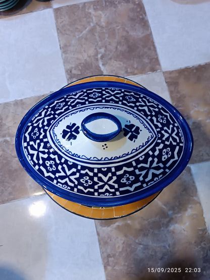 Handmade Moroccan Oval Tagine – Multicolor Fez Embroidery Design