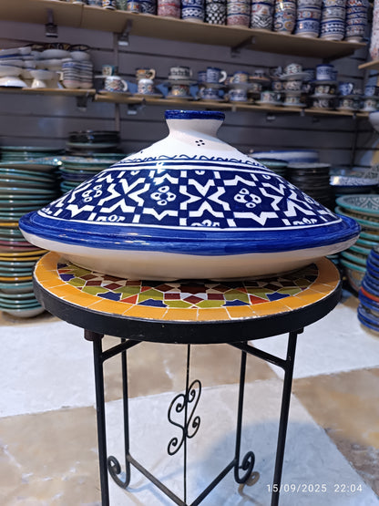 Oval Tagine – Blue & White Geometric Design Handmade Moroccan