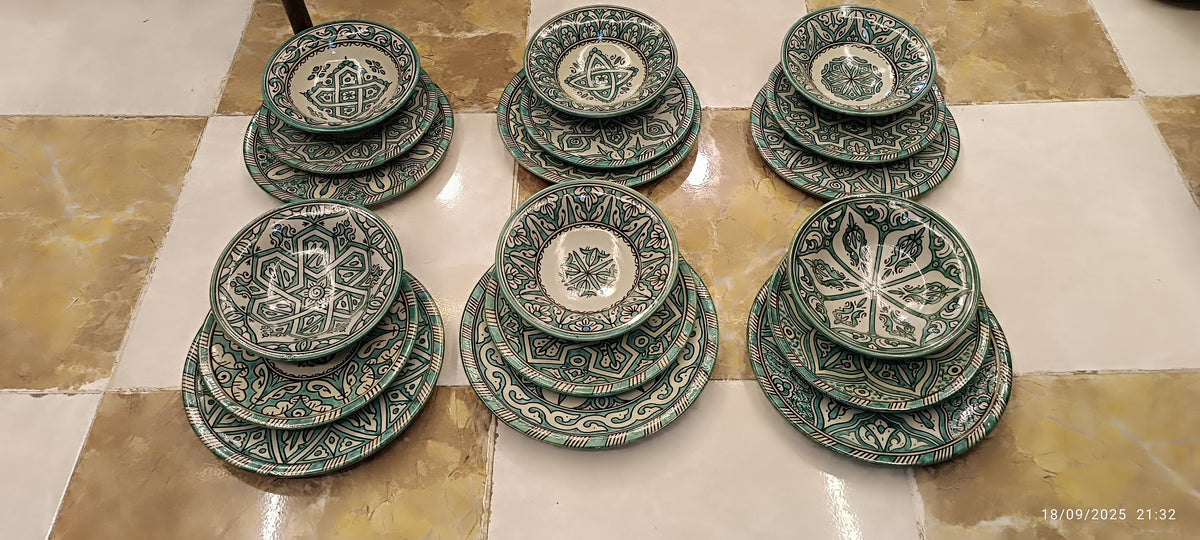Green hand painted Moroccan fez pottery plates dishwasher and microwave safe