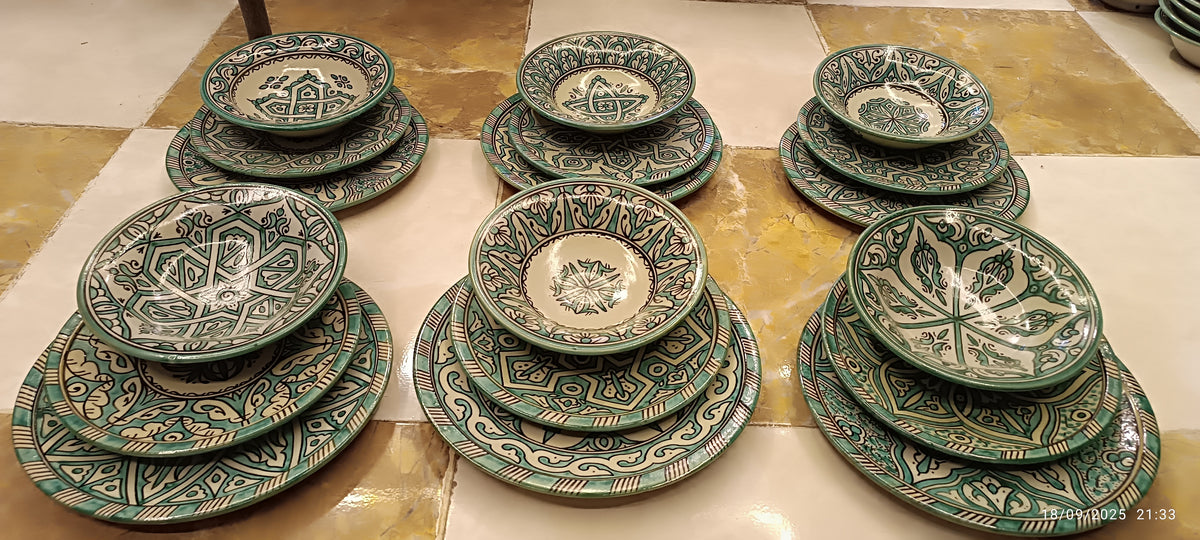 Green hand painted Moroccan fez pottery plates dishwasher and microwave safe