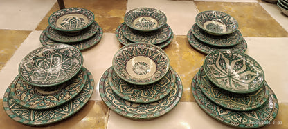 Green hand painted Moroccan fez pottery plates dishwasher and microwave safe